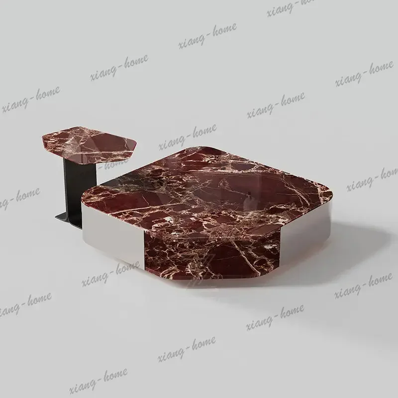 YJ  Luxury Red Marble Coffee Side Table Set Steel Base Easy Clean Heat Resistant Strong Load Living Room Furniture