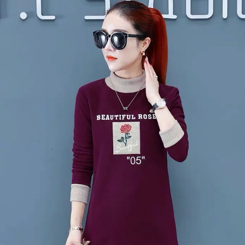 Autumn and Winter 2023 Plush High Neck Mid Length Sweatshirt for Women New Korean Version Slimming Print Shirt