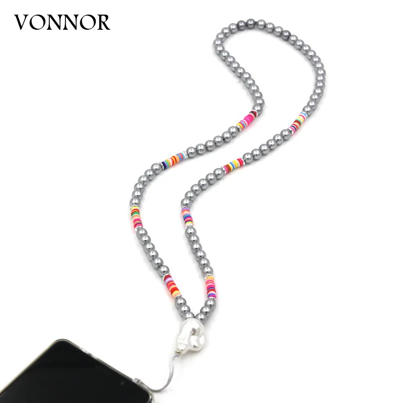 VONNOR Handmade Jewelry Imitation Pearl Phone Chain Accessories Colorful Polymer Clay Beaded Anti-lost Phone Charm Lanyard