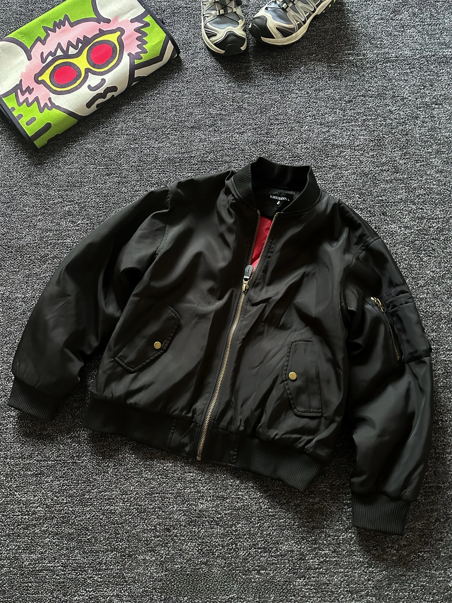 

Rise Brand Men's Black Pilot Jacket Baseball Collar Windproof Fabric Coat Red Inner Youth Casual Style Long Sleeve Short Length