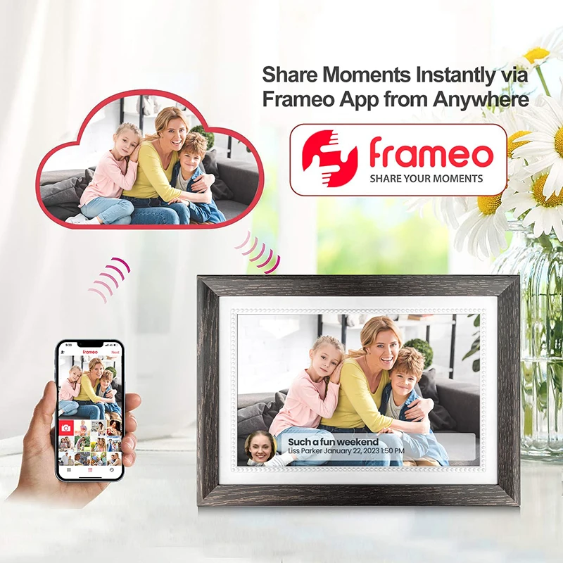 Frameo 32GB Memory 10.1 Inch Smart Digital Picture Frame Wood WiFi IPS HD 1080P Electronic Digital Photo Frame Touch Screen