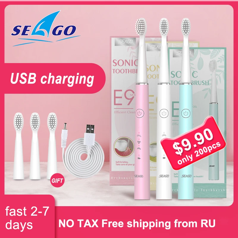 SEAGO Electric Toothbrush Sonic Rechargeable Travel Waterproof  Electronic Tooth 8 Brushes Soft Replacement Heads For Adult Gift