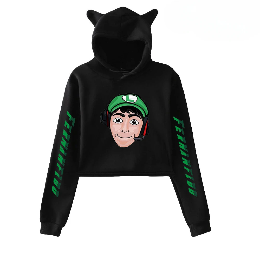 

УКОРОЧЕННЫЙ ТОП Fernanfloo Merch с капюшоном, женская уличная одежда в стиле хип-хоп, кавайные кошачьи уши, Укороченный свитшот в стиле Харадзюку, пуловер, топы, спортивная одежда