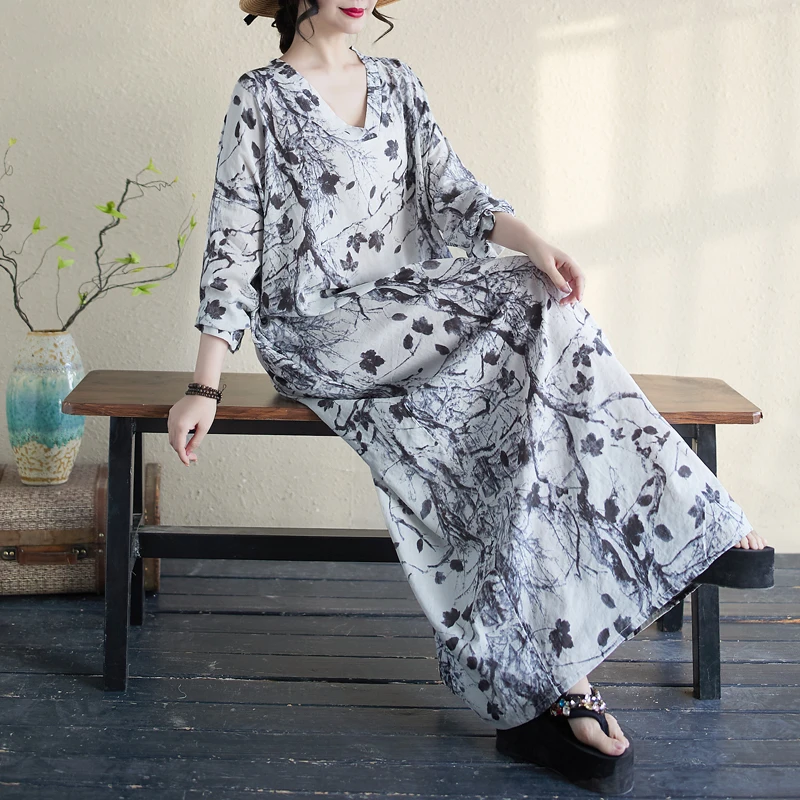 

Платье макси из хлопка и льна с принтом, с длинным рукавом, винтажное, скрывающее недостатки фигуры, праздничное, с V-образным вырезом, фасон H-образный, весна-лето