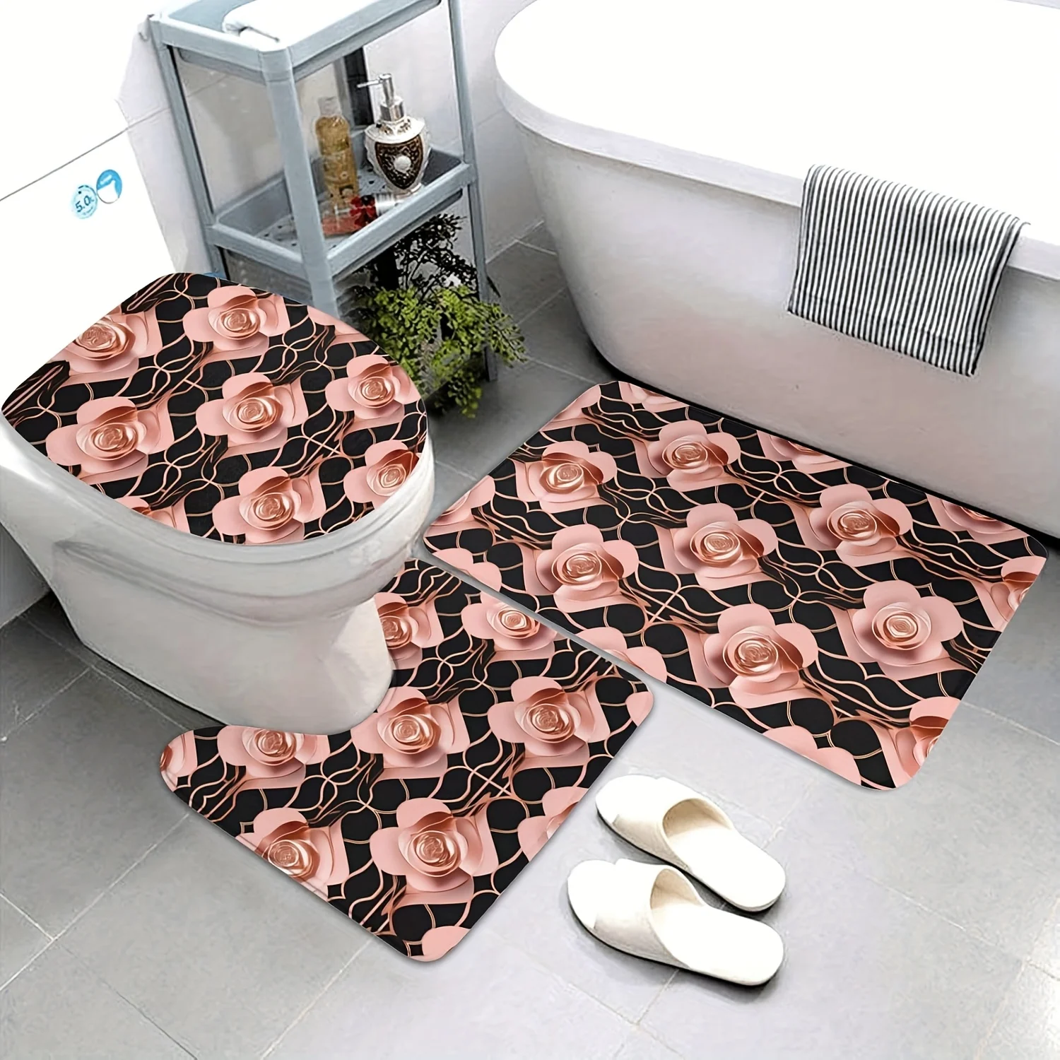 

3 Piece Pink Rose Gold Bathroom Rug Set Black Floral Print Non Slip Absorbent Bath Mat Toilet Lid Cover Floor Carpet Decor