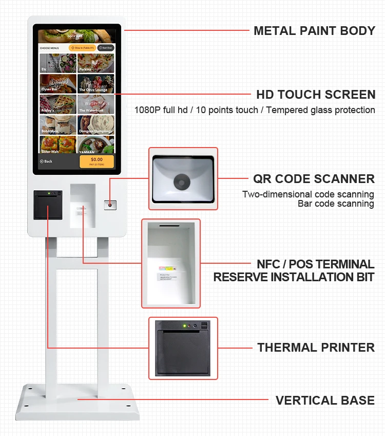 Fast Food 24 27 32 inch POS Touch Screen Self checkout Machine Self Service Payment Order Kiosk for KFC/Restaurants