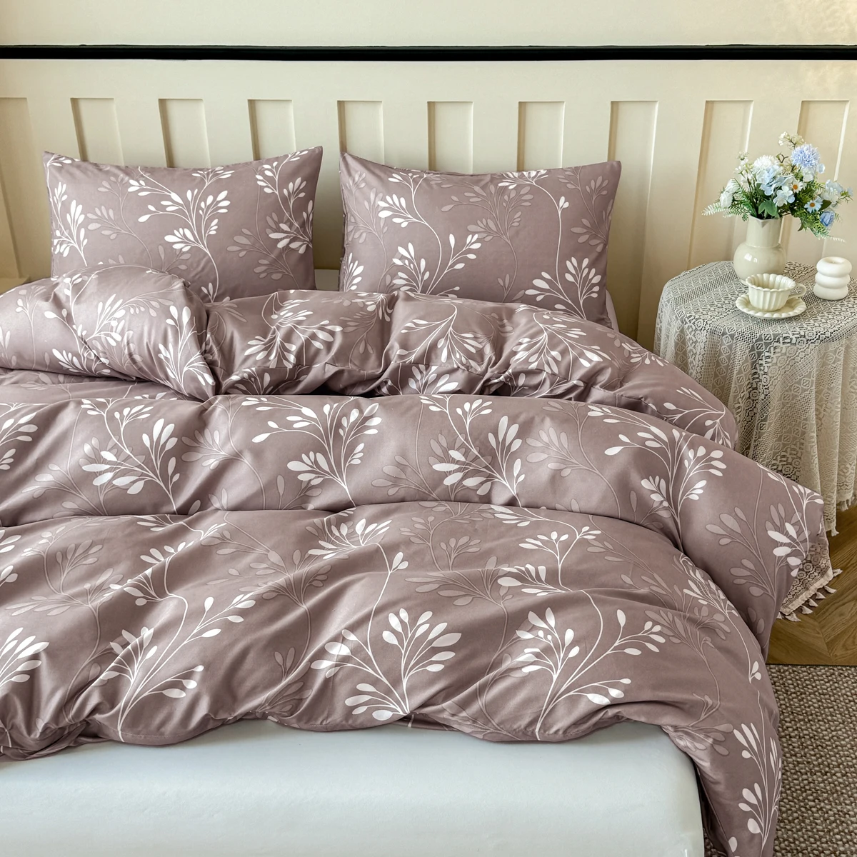 طقم غطاء لحاف مكون من 3 قطع مطبوع عليه نباتات من Café Brown مع سحاب إغلاق، مفروشات ناعمة قابلة للتنفس لجميع المواسم