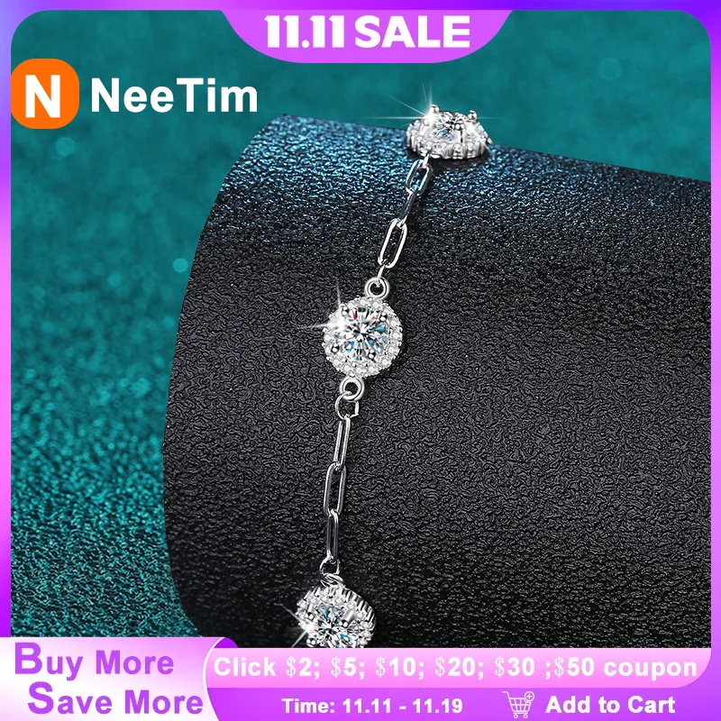 

NeeTim круглые муассанитовые браслеты для женщин, стерлинговое серебро 925 пробы с позолоченным лабораторным бриллиантовым браслетом, изысканные ювелирные изделия для свадебной вечеринки