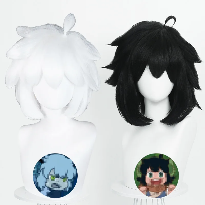 Peluca de Cosplay "Ro Xiaohei Chronicles" Ro Xiaohei, parte superior del cuero cabelludo simulado, pelo corto blanco y negro, peluca de red rosa