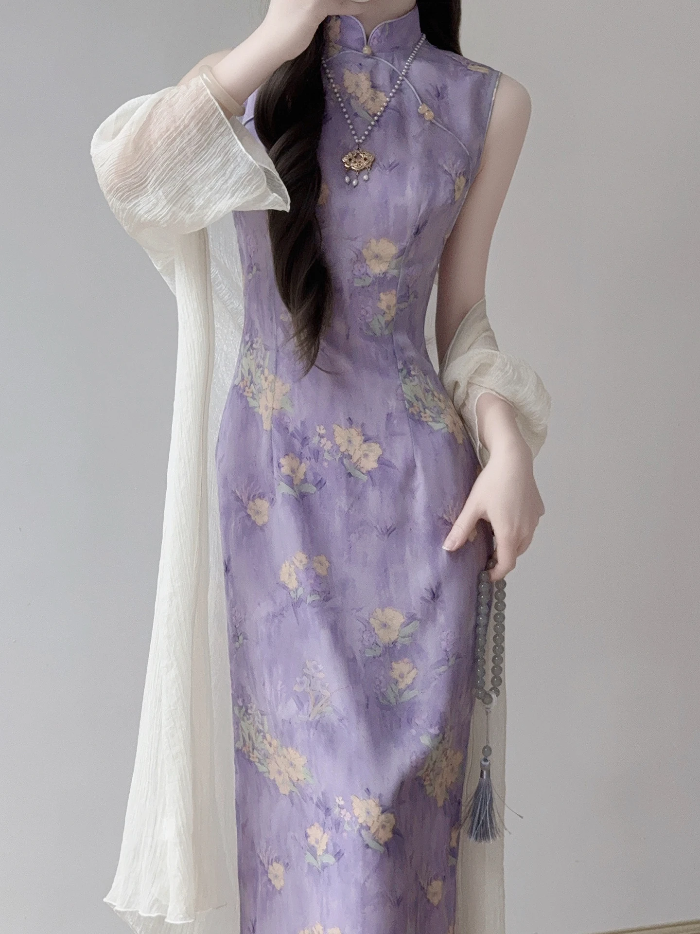 

Элегантное фиолетовое платье в китайском стиле Тан, без рукавов, с низким разрезом, для повседневной носки, высокое качество