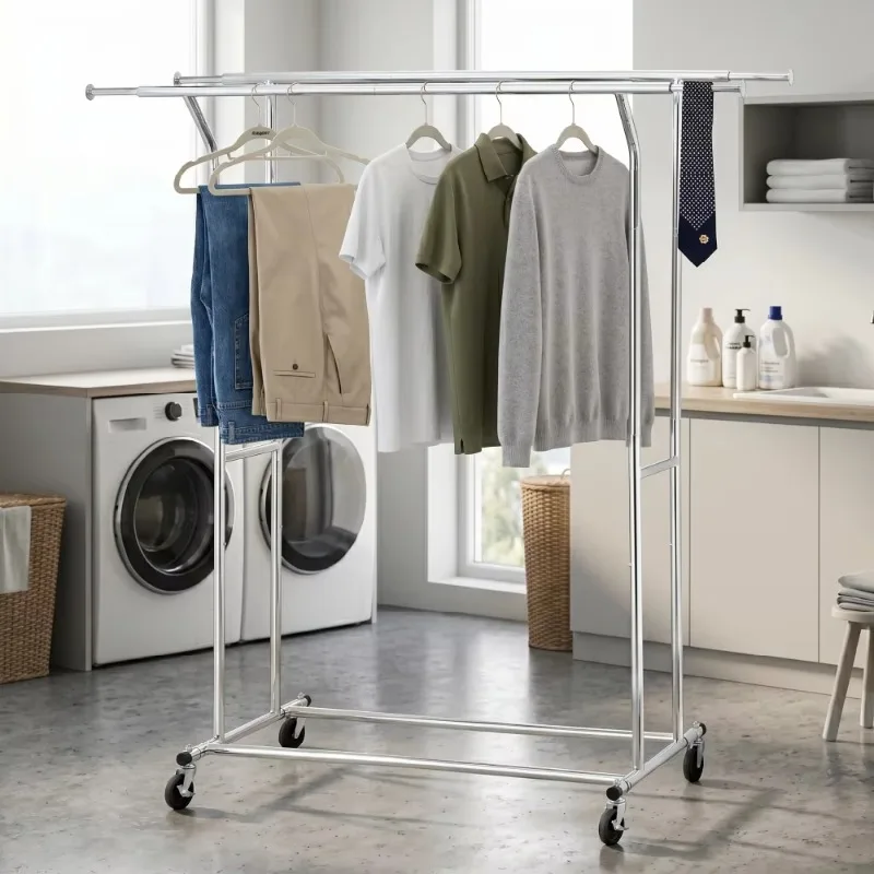 Iron Double-layer Vertical Non-folding Hanger with Wheels, Height Adjustable, Durable, Environmentally Friendly, Paint-coated,