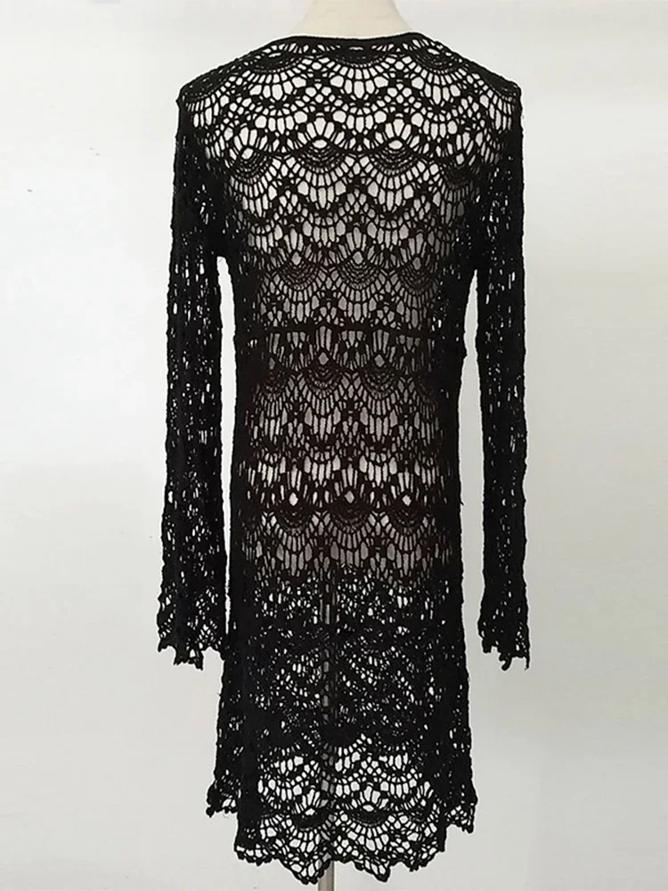 2025, neue aushöhlen Bikini-Vertuschungen für Damen, Strand-Vertuschung, gestrickt, durchsichtig, V-Ausschnitt, Kleid, langärmelig, Sommermode, Strandmode