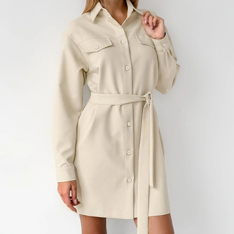 

Commuting Temperament Belt Tooling Autumn and Winter Fashion Khaki Lapels and Rotator Cuff Pockets Retro Dress Women