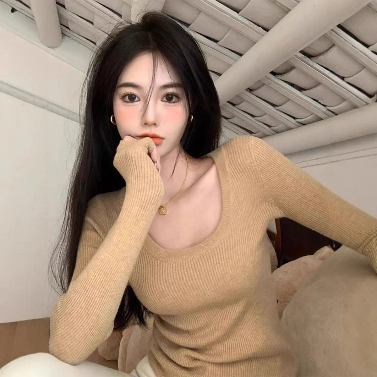 

Sexy Long Sve round Ne T-irt Women's Comfortable Slim Fit Knitted Top Korean Sle Pure Color Commute Faion Autumn Wear