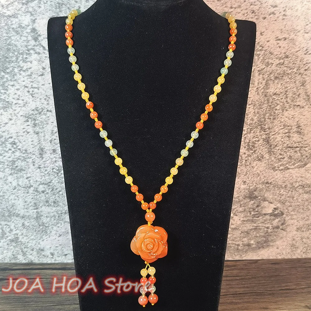 

New Gold Silk Jade Rose Pendant Sweater Chain Red Yellow Green Bead Necklace Quality Chain Neck Hewelry Exquisite Jewelry