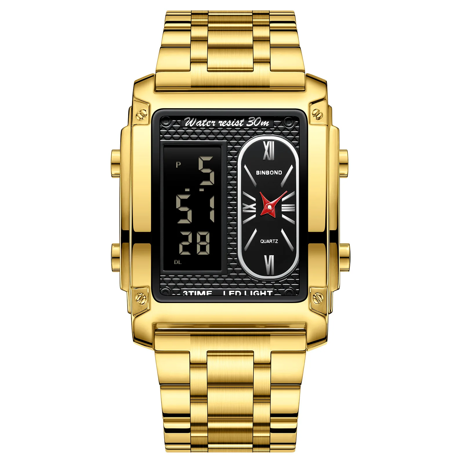 Men Watch Business Square Double Display Electronic Watch Waterproof Steel Strip Male Student Fashion Quartz Wristwatches Gift