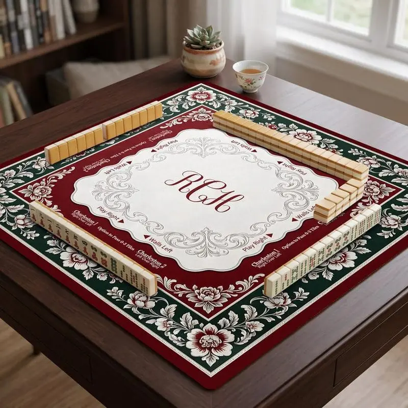 VIKAMA Vintage Floral Custom Initial Mahjong Mat Non Slip Washable Soft Square Pad Noise Dampening for US Fans