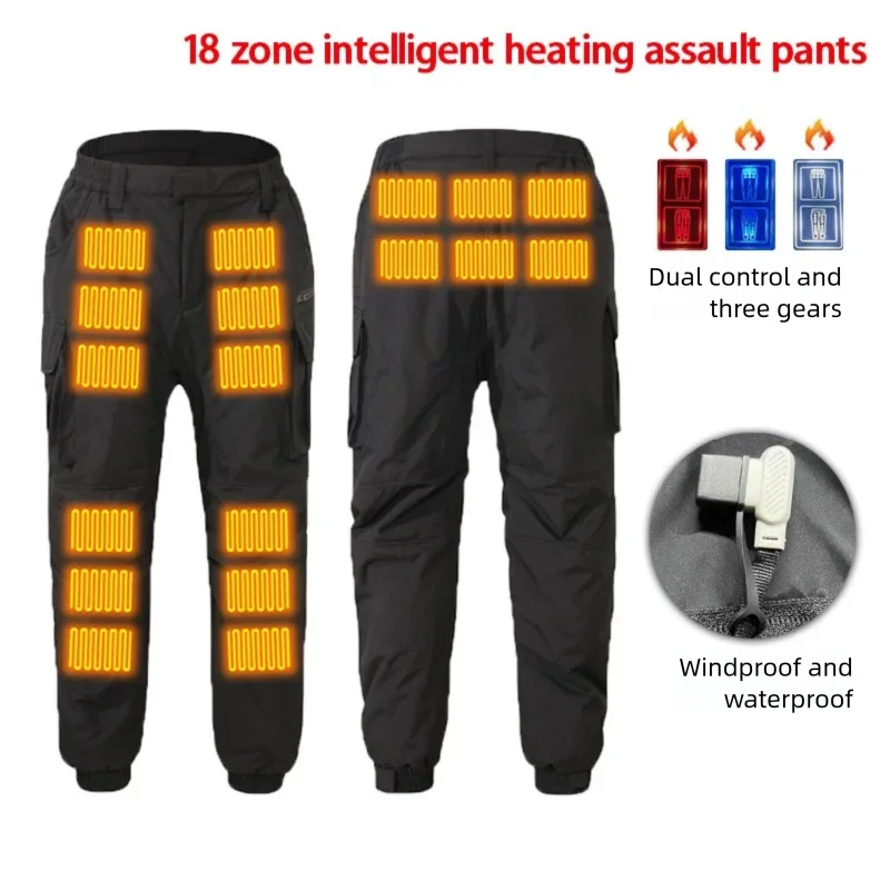 

18-зонные термобрюки, зимние утолщенные брюки с подогревом, унисекс, длинные брюки с электрическим подогревом и USB, повседневные брюки с несколькими карманами
