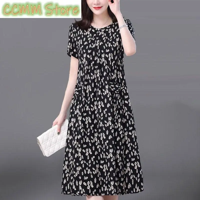 Commute Vintage Printed Dresses Summer Short Sleeve Women's Clothing Casual Round Neck Fashion Pockets Patchwork Midi Dress