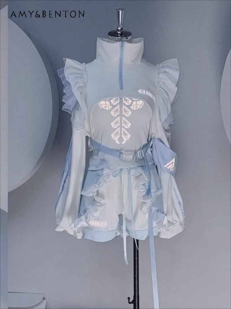 

Punk Gothic Blue and White Contrasting Color Lolita Sets Subculture Hollow Long-sleeved Short Jacket Vest Shorts Three-piece Set