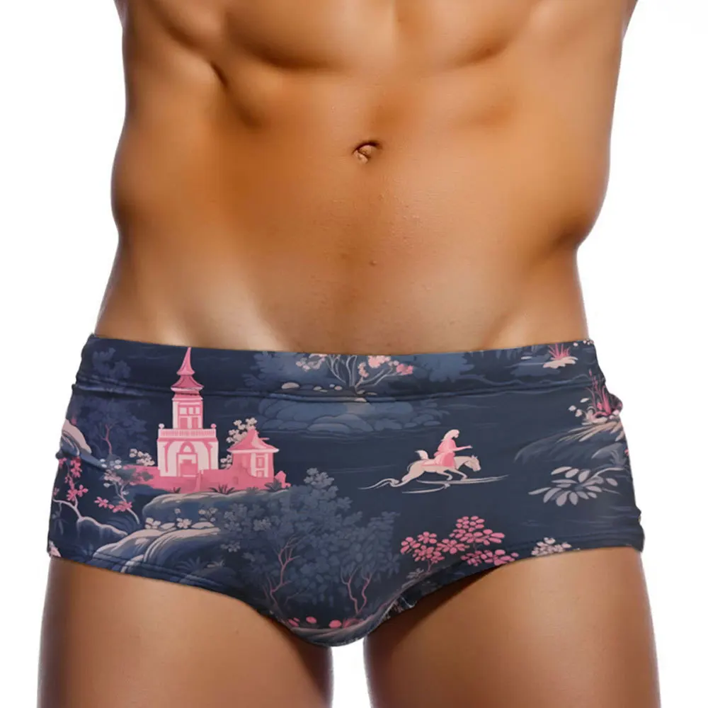 

men's swimming trunks diving print small flat-angle swimsuit European and American low-rise tether hot spring beach pants UXH621
