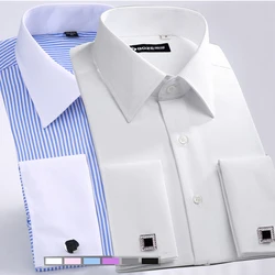 M ~ 6XL Camicia elegante con polsino francese da uomo 2024New Bianco Manica lunga Bottoni da lavoro formali Camicie maschili Camicia con gemelli vestibilità regolare