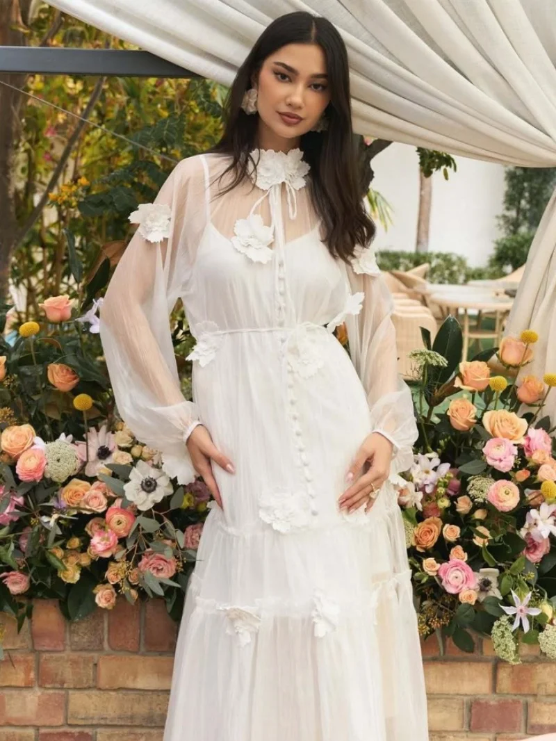 Elegantes Feenkleid mit Blumenapplikationen Frühling Sommer Kleidung Damen 2026 Langarm O-Ausschnitt Maxi Lange Kleider Urlaub Strandkleid