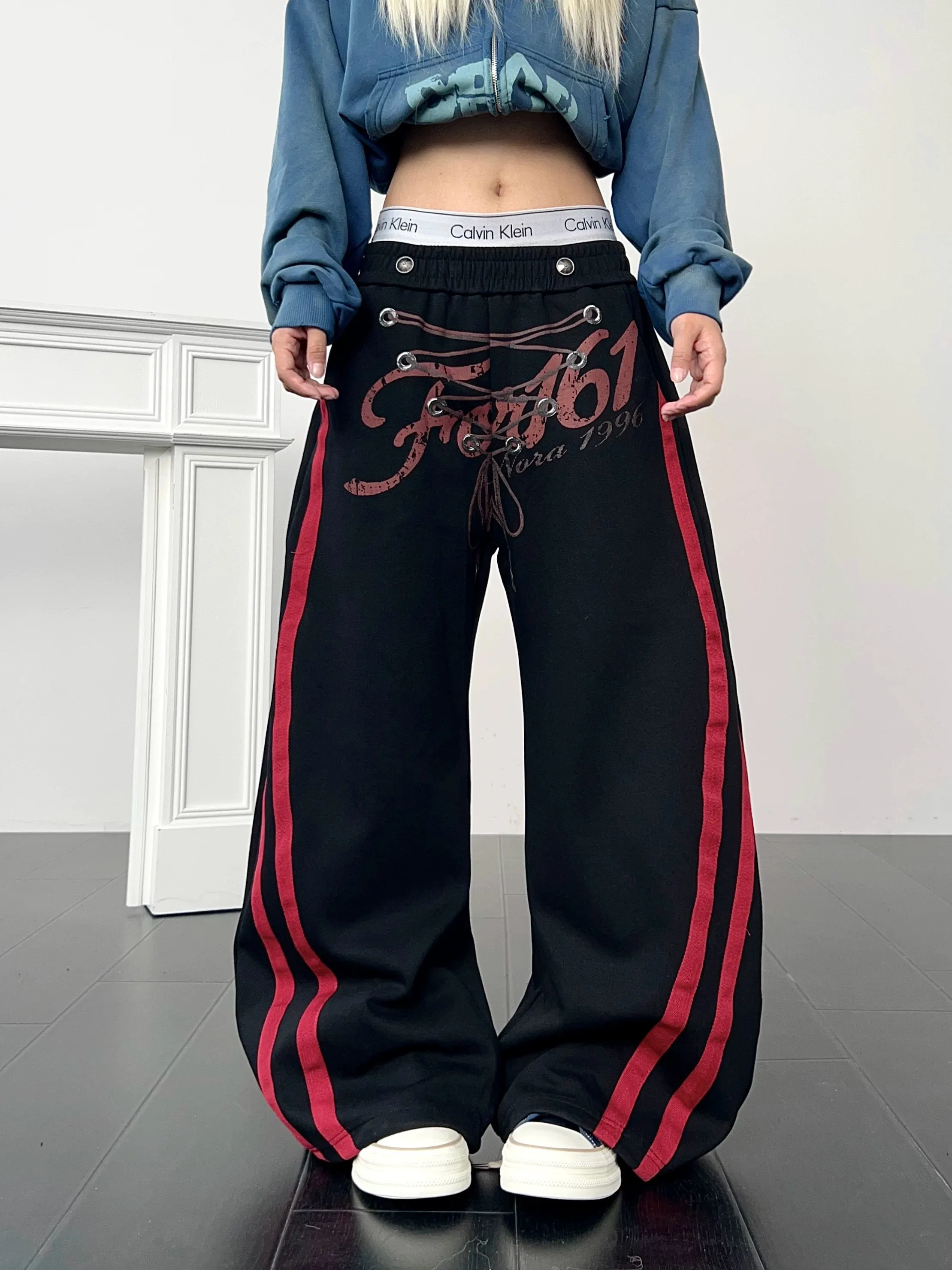 American Style Casual Pants Women's Spring Autumn New Style Jazz Dance Loose Wide Leg Pants Asymmetric Letter Print Streetwear