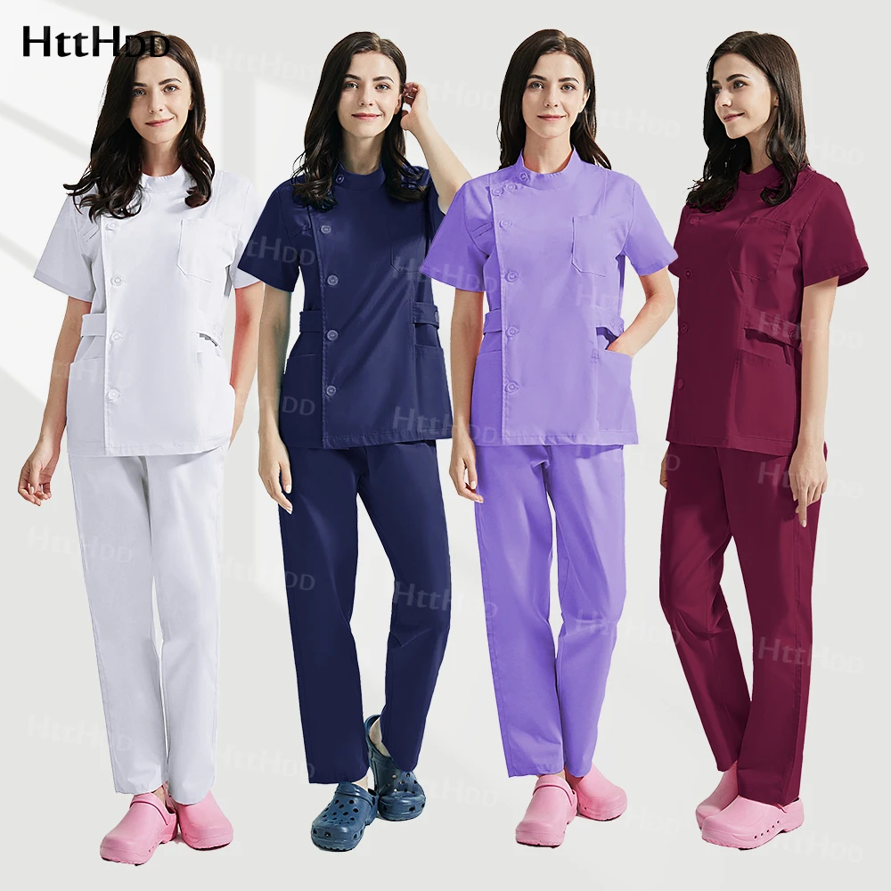 Hot Selling Medisch Uniform Ziekenhuis Accessoires Hoge Kwaliteit Nurse Scrub Vrouwen Modieuze Rechte Pijpen Broek Korte Mouwen Top