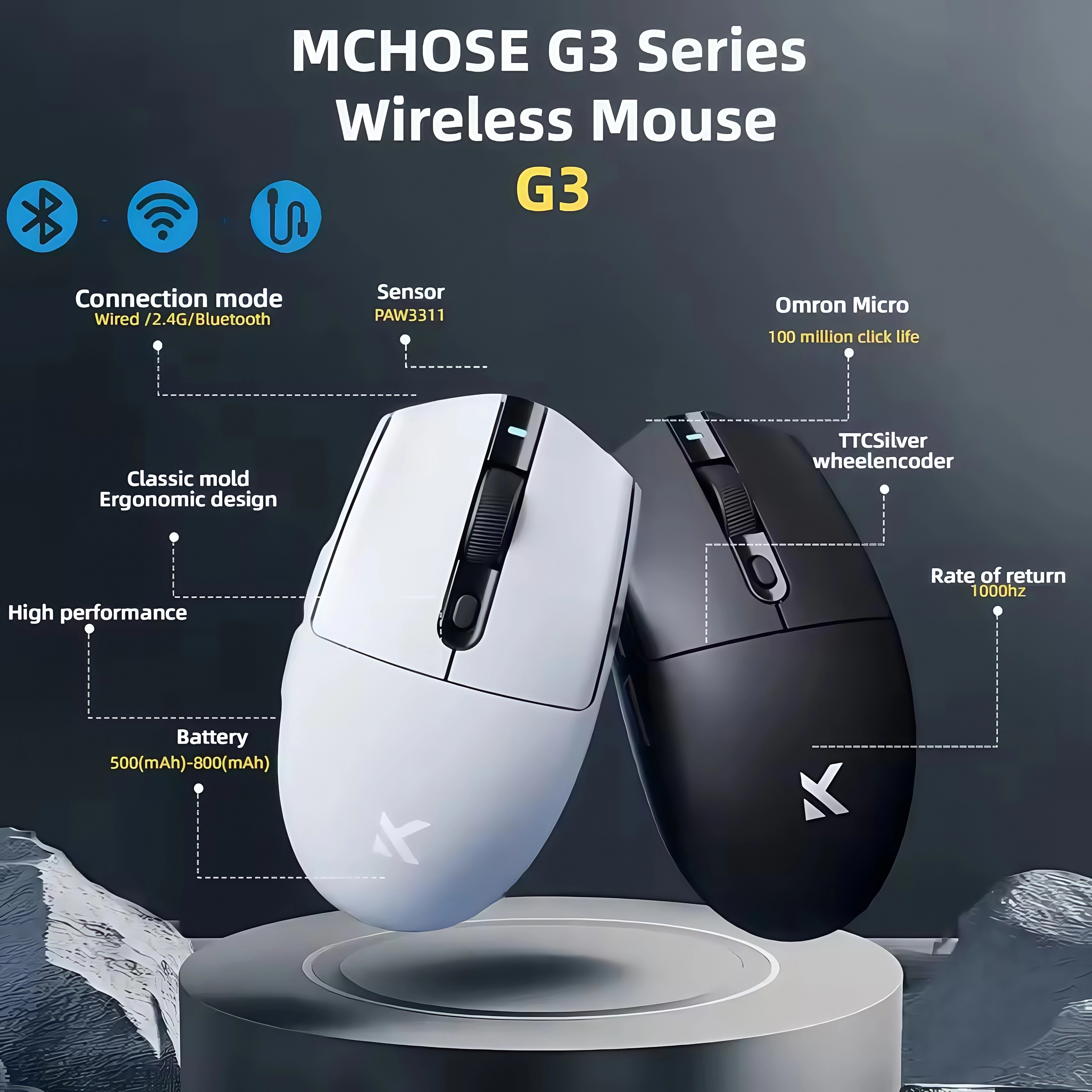 

MCHOSE G3 Gaming Mouse Wireless Bluetooth 2.4G&Type-C 3 Modes mouse Lightweight PAW3311 Sensor Switch Long Battery 1000hz