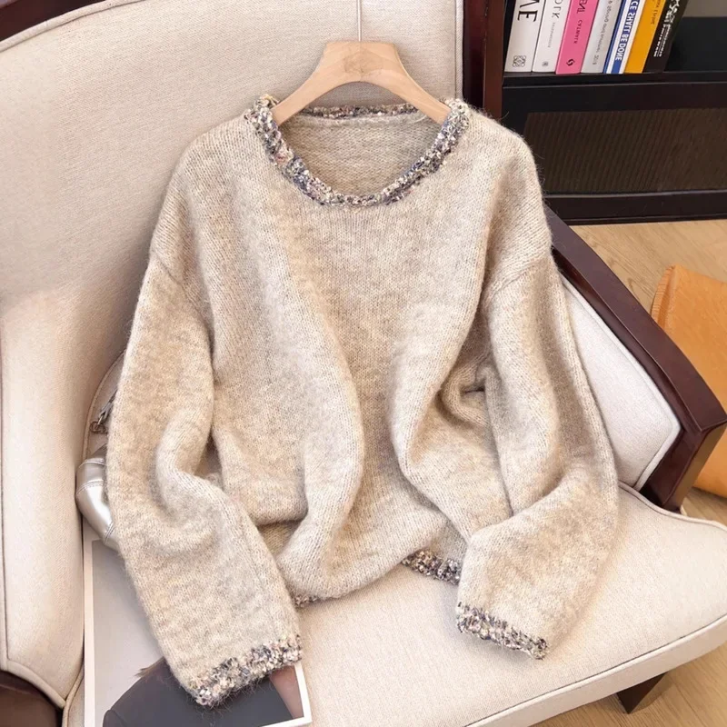 سترة نسائية كورية غير رسمية موديل 2025 برقبة دائرية سترة محبوكة مقسمة صلبة بلوفر أنيق عتيق للمكتب