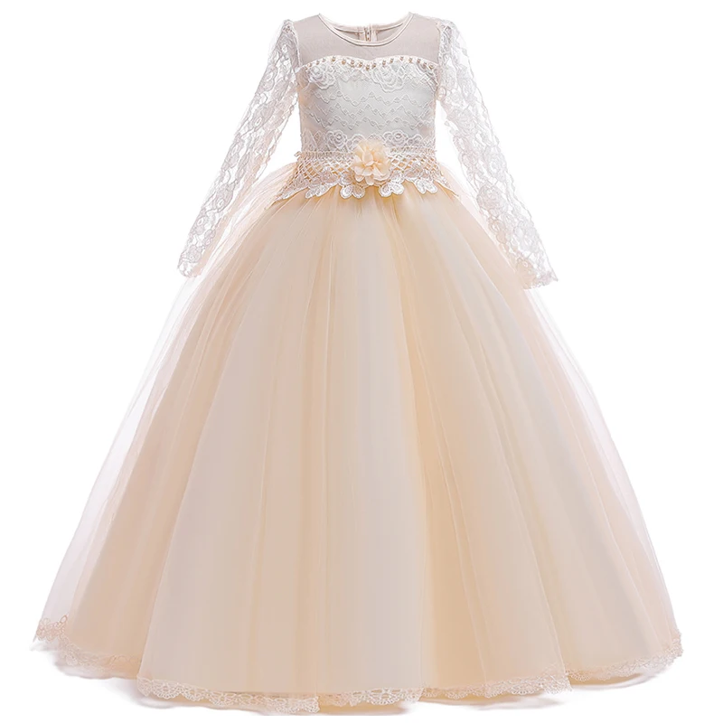 Elegant Flower Bridemaid Party Girl Dress Long Sleeve Wedding Princess Prom Dress for Kids Lace Baptism Birthday Evening Costume