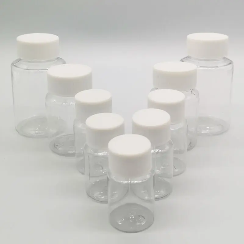 Garrafas de embalagem de reagente plástico, Garrafas PET Clear Seal, Pó sólido Medicina Pill Vial, 15 ml, 20 ml, 30 ml, 50 ml, 60 ml, 80 ml, 100ml, 10pcs