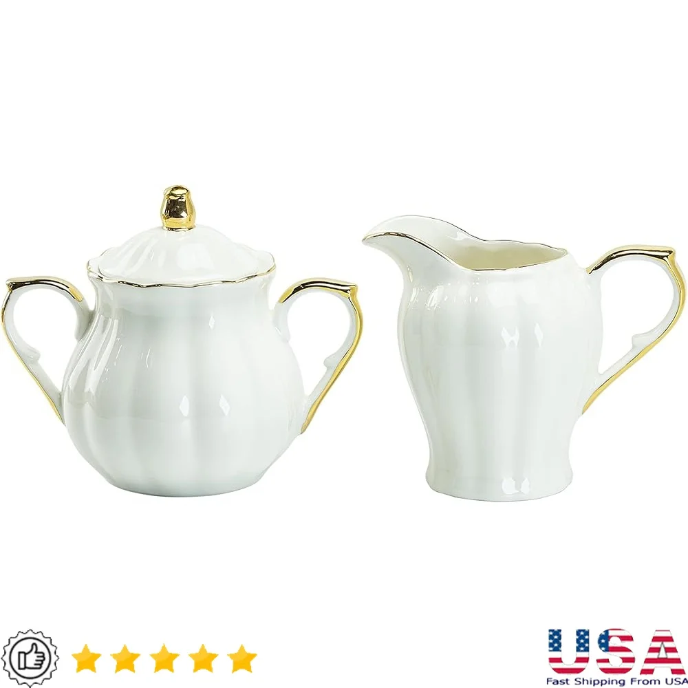 

Porcelain White Gold Scallop Sugar Creamer Set 2-Piece Dishwasher Safe 8-Ounce Sugar Pot With Lid Fine China Tableware