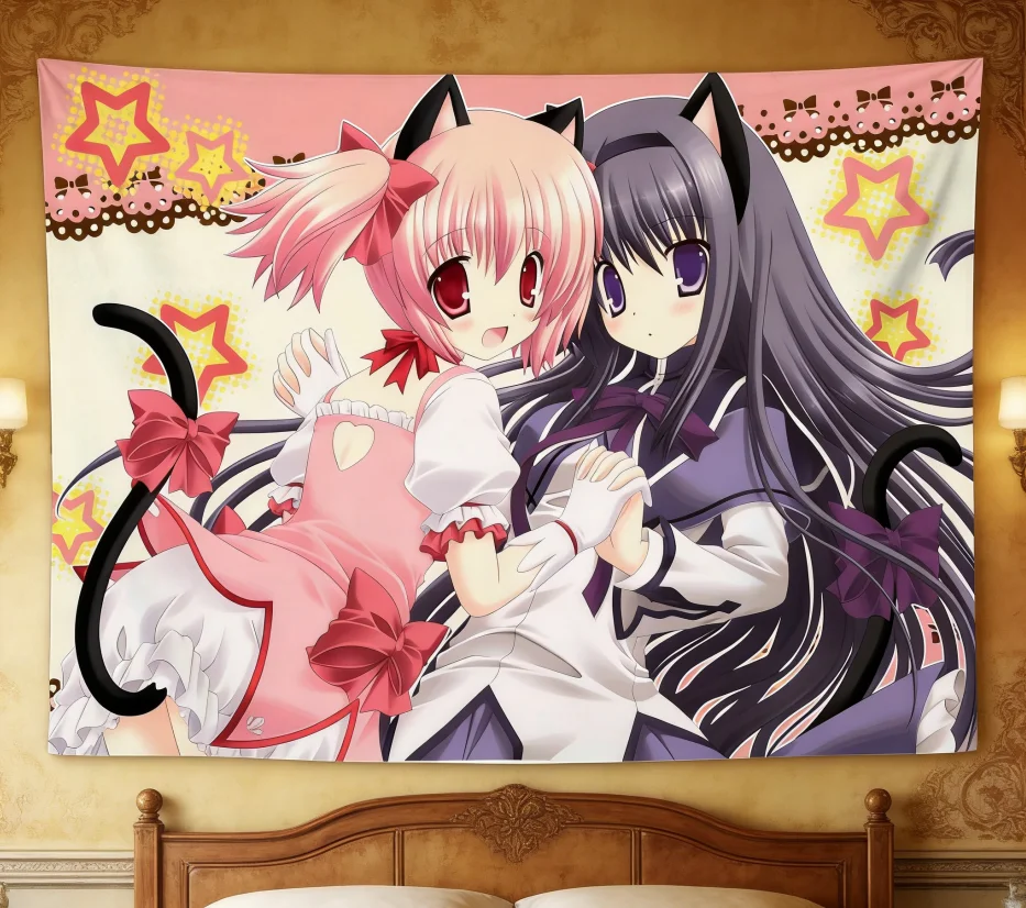 Madoka Neko Wandteppich, Kunstdekoration für Schlafzimmer, Wohnzimmer, Studentenwohnheim, beliebte Heimdekoration, niedlicher Wandteppich mit Katzenohren
