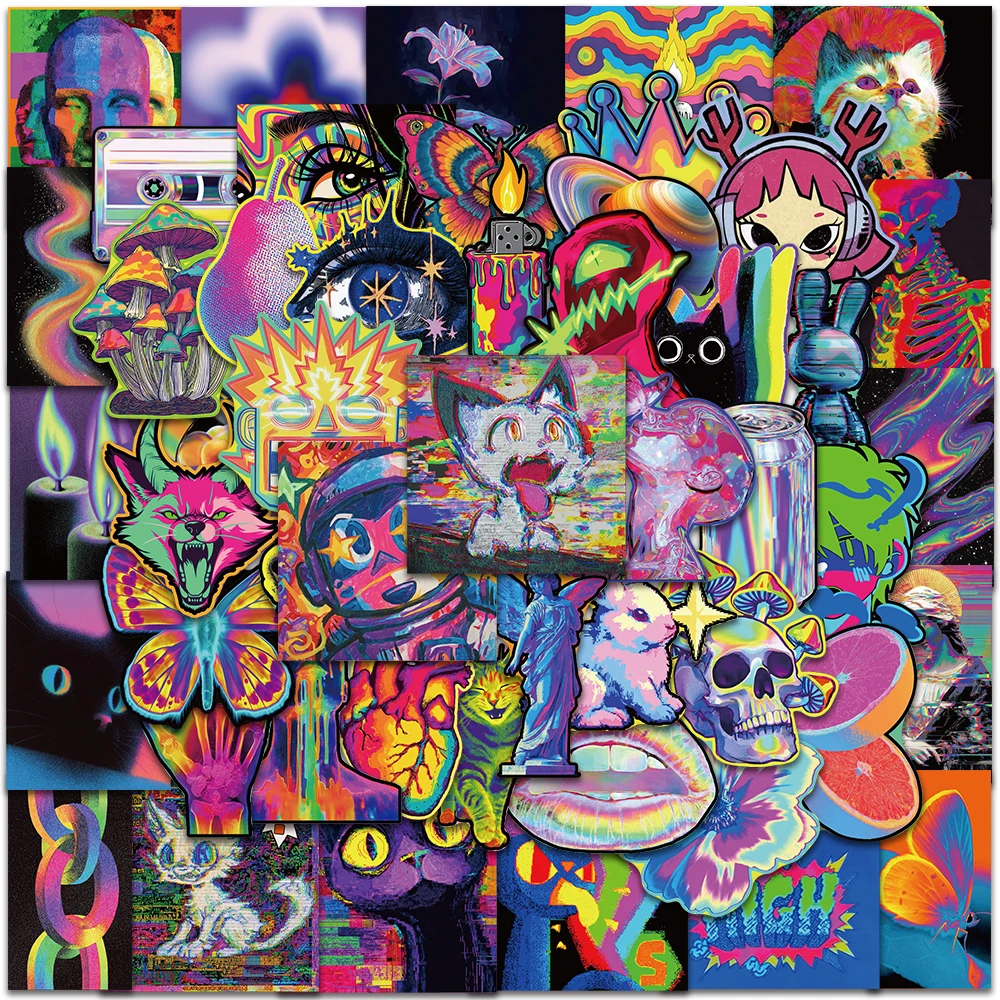 

50pcs Trippy Psychedelic Neon Aesthetic Sticker, Fashion Cool Vaporwave & Mushroom Decal for Guitar Phone Case Laptop DIY Decal