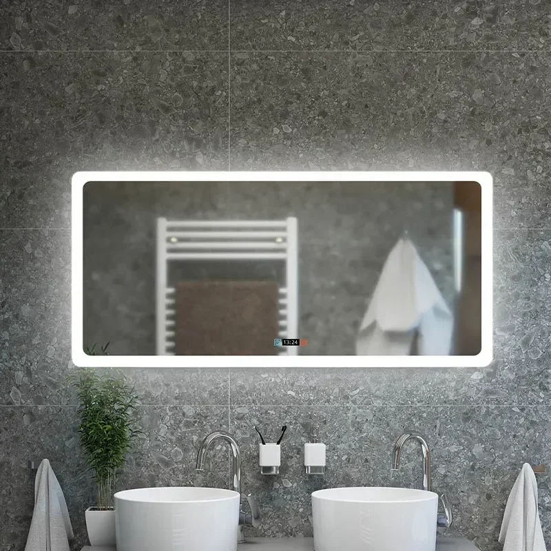 Cheap And Fine Modern Style Rectangular Time Display Mirror Bathroom Customized LED Backlit Defogger Smart MirrorHot Sales