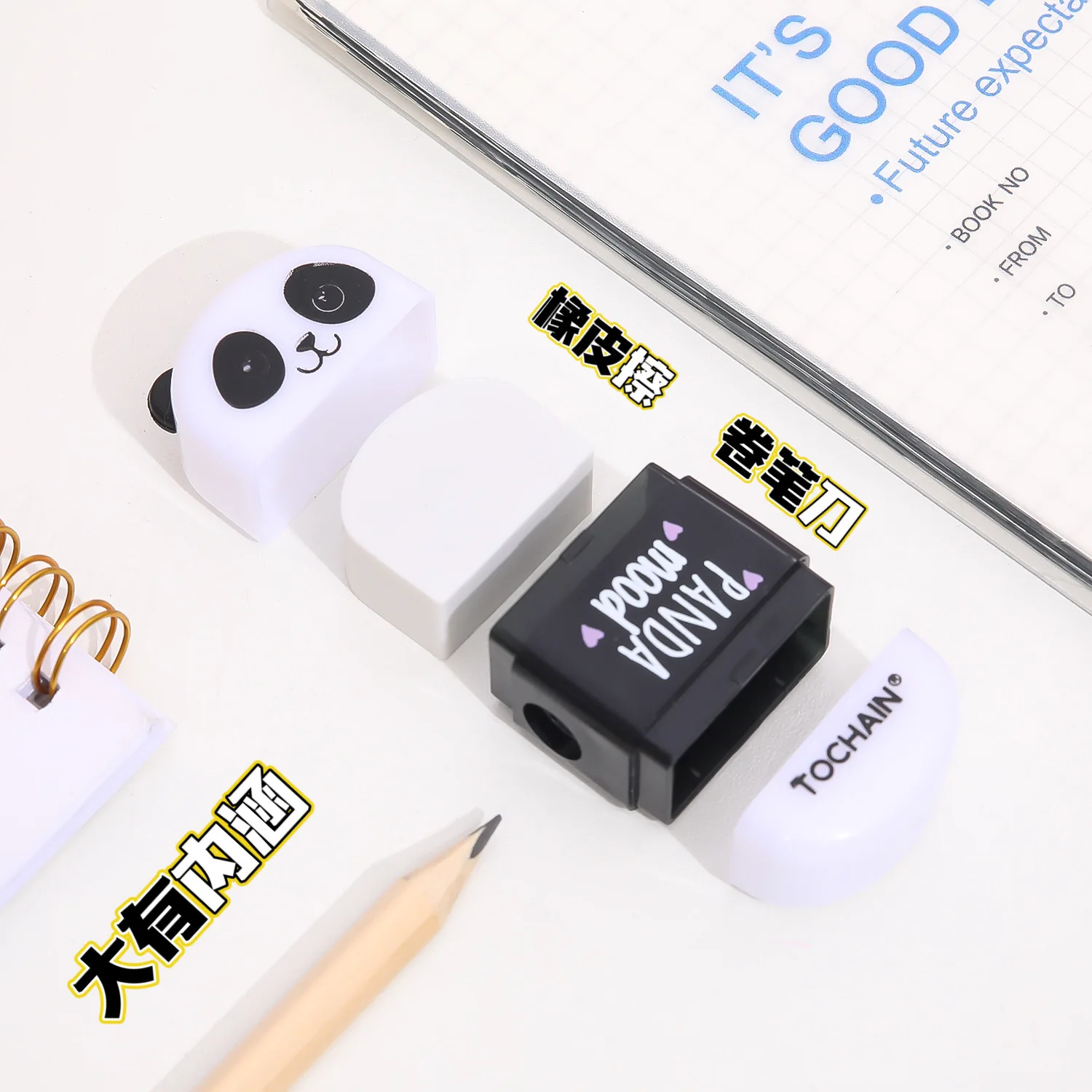 Kawaii Black White Panda Shape Rubber Pencil Erasers with Sharpener Student Kids Prizes Stationery School Supply Cute Stationery