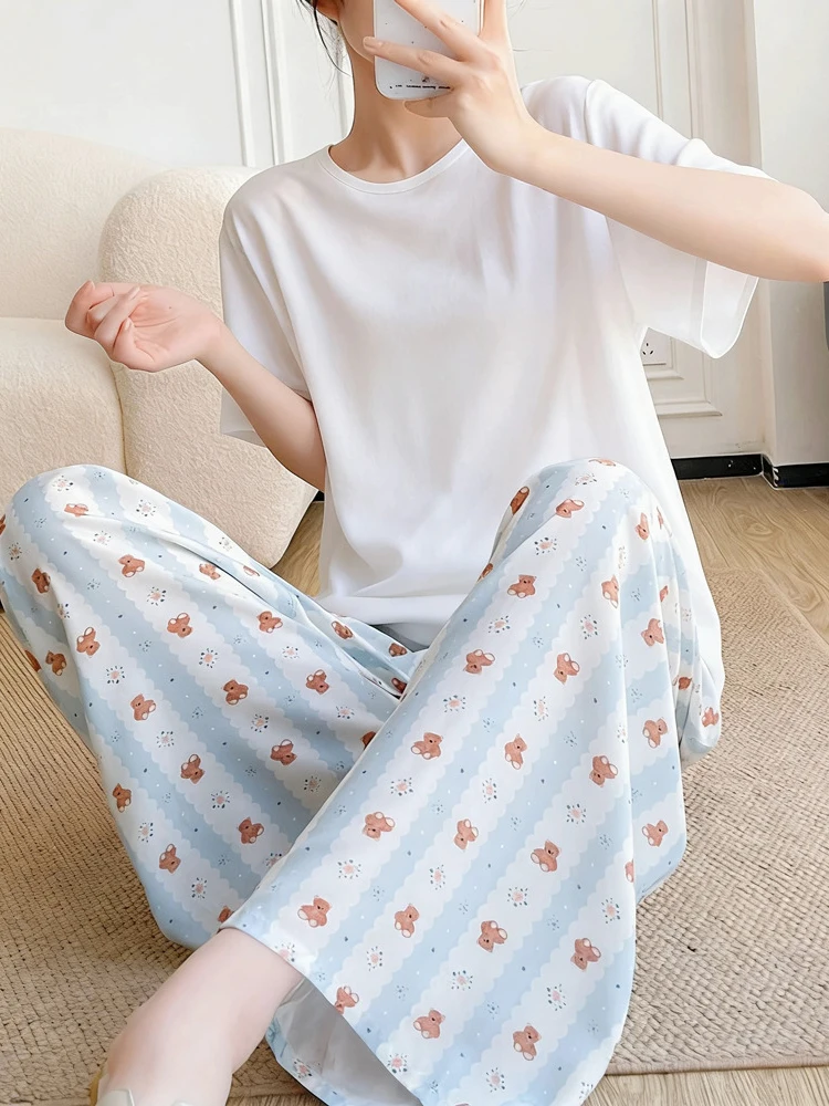 新しい夏の薄い綿パジャマ女性のスタイルアイスシルクソフト半袖長ズボンホーム服セット快適な通気性
