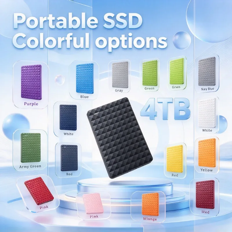 SSD externo portátil de alta velocidade com capacidade de 4 TB, com revestimento antiderrapante e disponível em várias cores, ideal para armazenamento em laptops, computadores de mesa e dispositivos móveis.