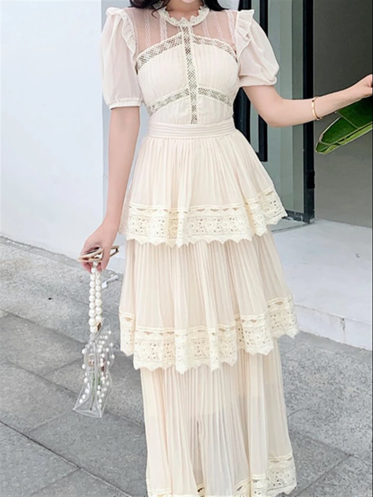 2023 Woman Lace Elegant Boho Summer Mesh Dress Solid Party Short Sleeve Sexy Dresses Women Vintage A-Line Embroidery Vestidos