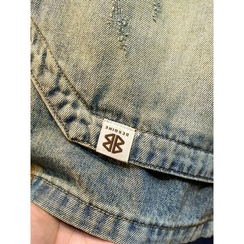 Summer Retro Washed And Perforated Breathable Denim Shorts Men Straight Fit Loose Fitting Casual Split Cotton Ripped Jeans