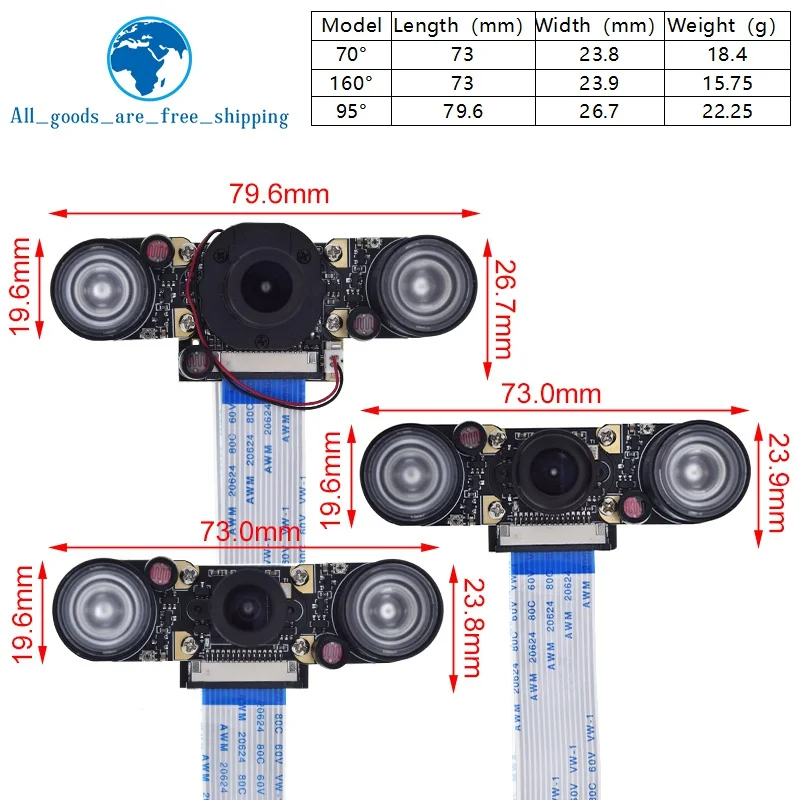 TZT Raspberry Pi 4 Telecamera Fisheye per visione notturna 5MP OV5647 Telecamera focale regolabile da 70/95/160 gradi per Raspberry Pi 3 Modello B