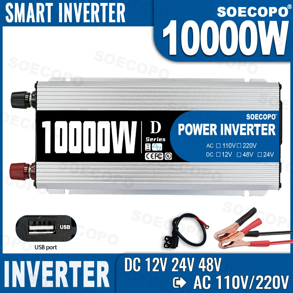 

Portable 10000W Inverter 12V/24V/48V DC to 220V AC with Universal Outlet for Solar/RV/Home Backup System with USB Port & CE