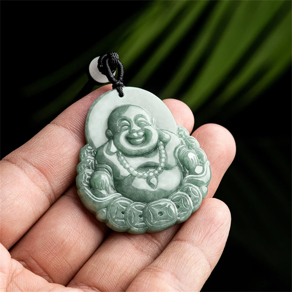 Natural Ice Green Jadeite Carved Chinese Coin Buddha Lucky Pendant Amulet Necklace Certificate Retro Woman Man's Gift Jewelry