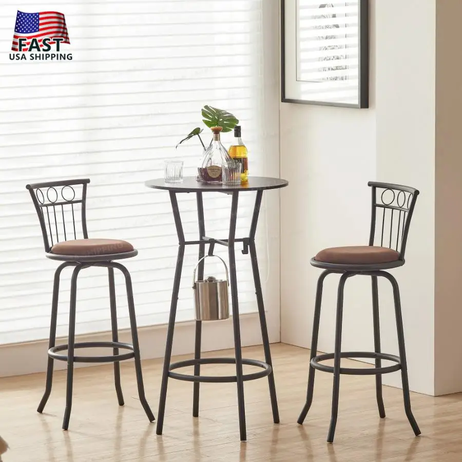 

3 Bar Table and Chairs Set for Dining Room Industrial Counter Height Bar Chairs with Metal Back Fabric Seat