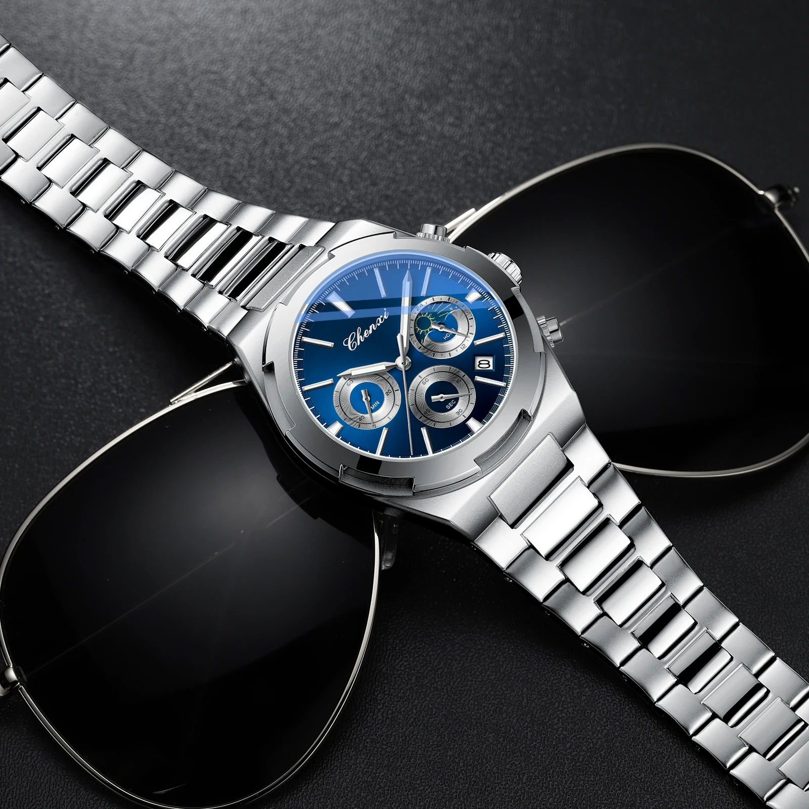 CHENXI, relojes de cuarzo de marca de lujo para hombres, calendario de sincronización resistente al agua, fase lunar, reloj de ocio de negocios multifuncional 2025