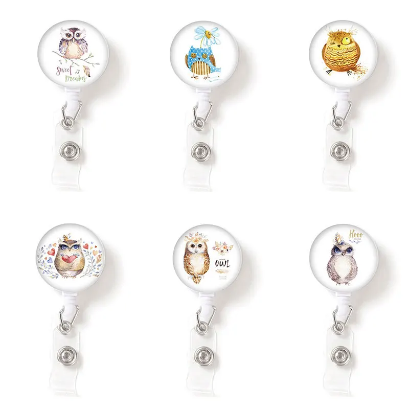 

Выдвижная катушка для бейджа с рисунком совы для медсестры, держатель для женских и девушек, зажим для рабочей карты, поворот на 360 градусов, зажим для удостоверения личности