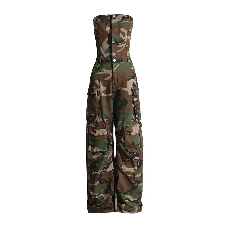 ZAMOR HIGH QUALITY Women's Trendy Camo Print Jumpsuit 2026 New Strapless Slim Fit Cargo Style Casual Long Pants Romper
