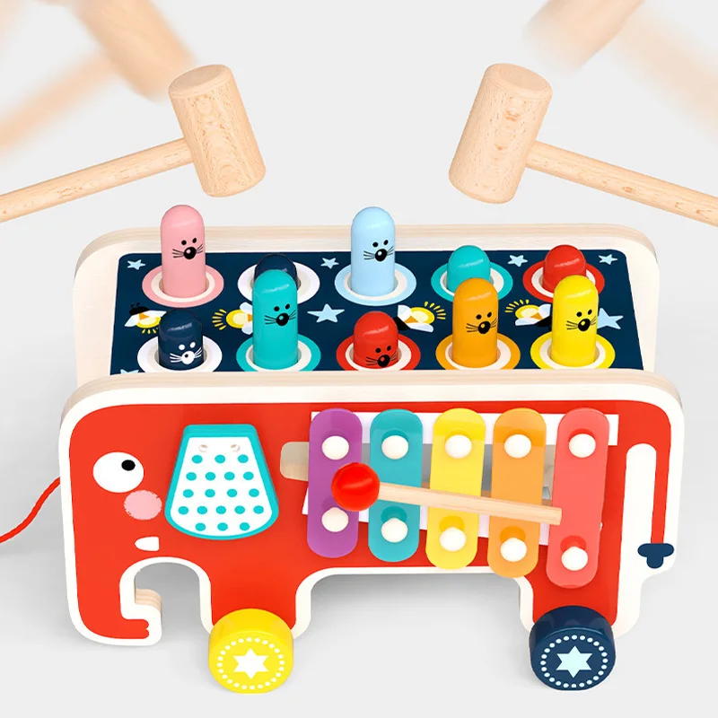 Wooden Educational Toys for Children, Elephant Tapping Piano, Whack-a-mole, Dinosaur Tractor, Tap-mole Tap-mole Percussion Toy